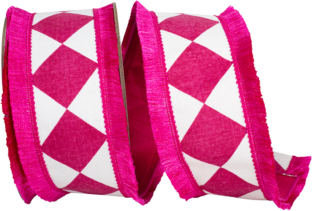 Fuchsia 2-1 2 Inch Grand Diamond Fringed Edge Fused Dupioni Backed Wired Edge Ribbon for Wreaths & Bows
