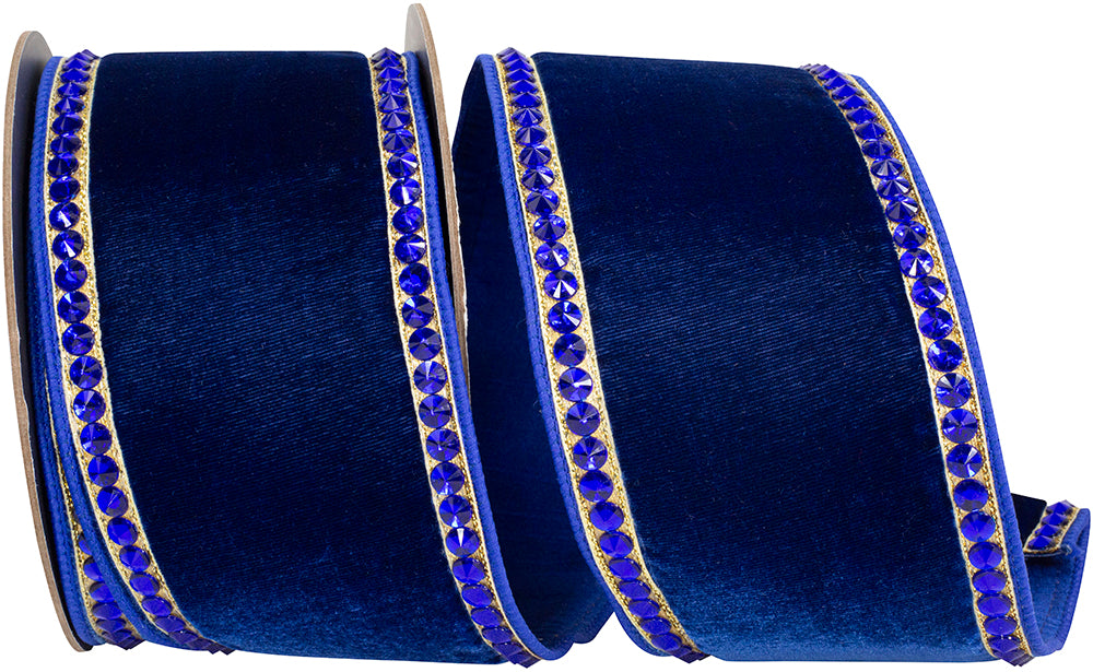 Royal 4 Inch Rhinestone Edge Plush Velvet Fused Dupioni Backed Wired Edge Ribbon for Wreaths & Bows