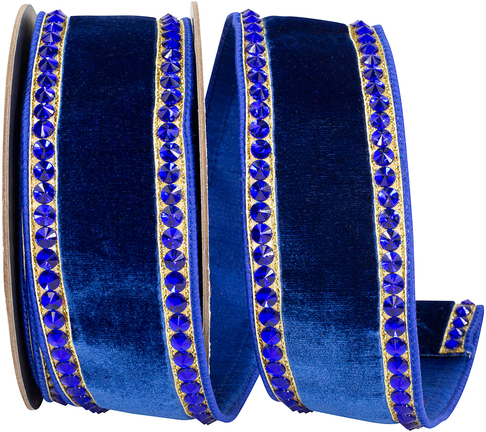 Royal 2-1 2 Inch Rhinestone Edge Plush Velvet Fused Dupioni Backed Wired Edge Ribbon for Wreaths & Bows