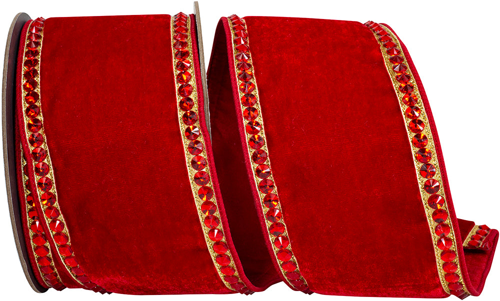 Red 4 Inch Rhinestone Edge Plush Velvet Fused Dupioni Backed Wired Edge Ribbon for Wreaths & Bows