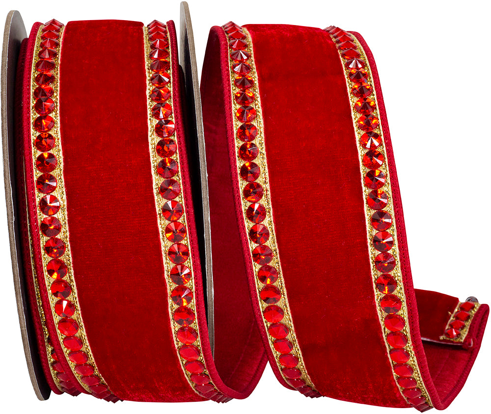 Red 2-1 2 Inch Rhinestone Edge Plush Velvet Fused Dupioni Backed Wired Edge Ribbon for Wreaths & Bows