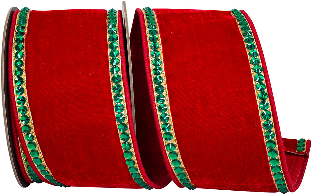 Red Green 4 Inch Rhinestone Edge Plush Velvet Fused Dupioni Backed Wired Edge Ribbon for Wreaths & Bows