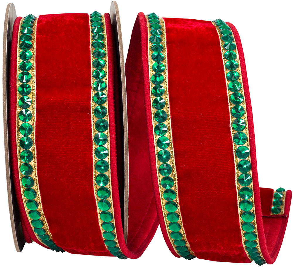 Red Green 2-1 2 Inch Rhinestone Edge Plush Velvet Fused Dupioni Backed Wired Edge Ribbon for Wreaths & Bows