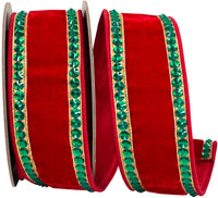 Red Green 2-1 2 Inch Rhinestone Edge Plush Velvet Fused Dupioni Backed Wired Edge Ribbon for Wreaths & Bows