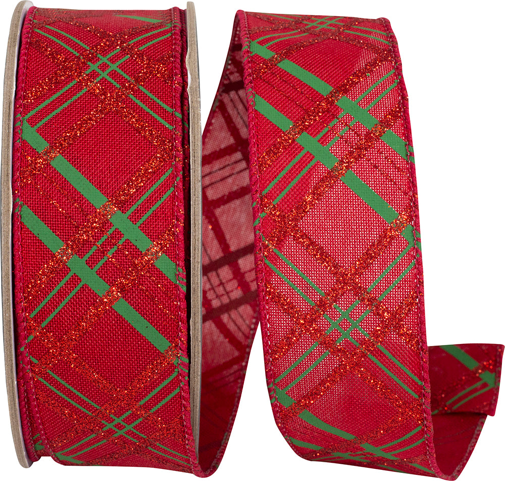 Glitter Fine Line Red Green Plaid Wired Edge Ribbon 1-1/2 Inch