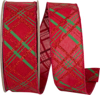 Glitter Fine Line Red Green Plaid Wired Edge Ribbon 1-1/2 Inch