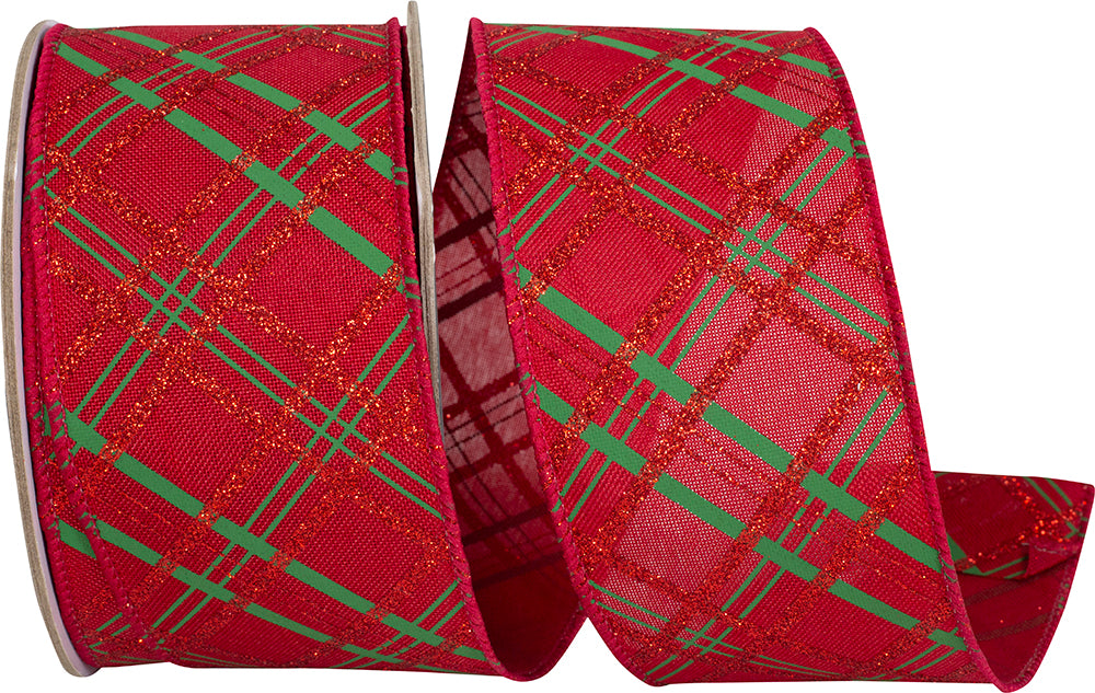 Glitter Fine Line Holiday Plaid Ribbon Red Green 2-1/2 Inch