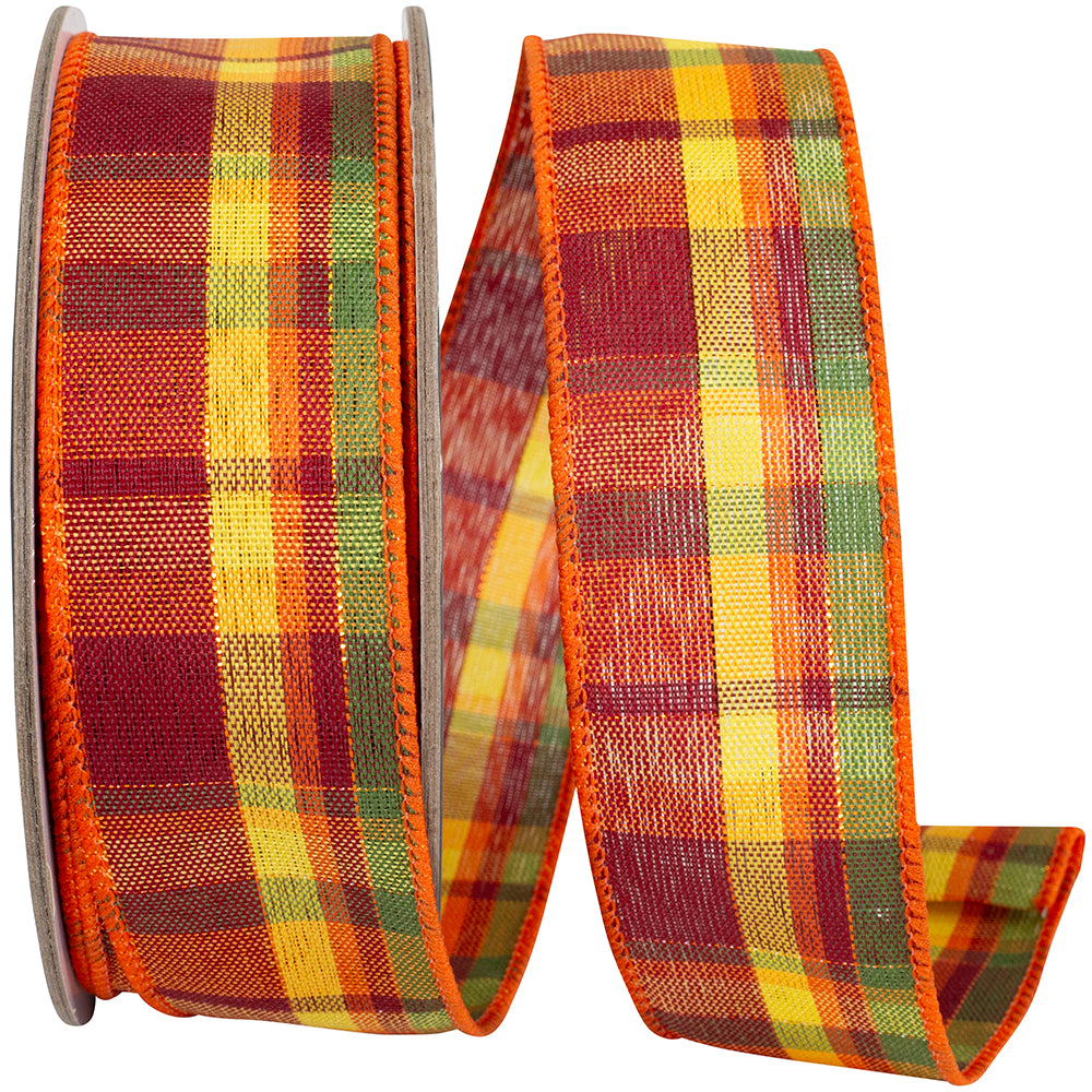 Tierra Copper Orange Linen Plaid Wired Edge Ribbon 1-1/2 Inch