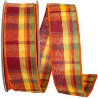 Tierra Copper Orange Linen Plaid Wired Edge Ribbon 1-1/2 Inch