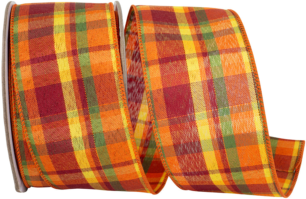 Orange 2-1/2 Inch Linen Plaid Wired Edge Ribbon