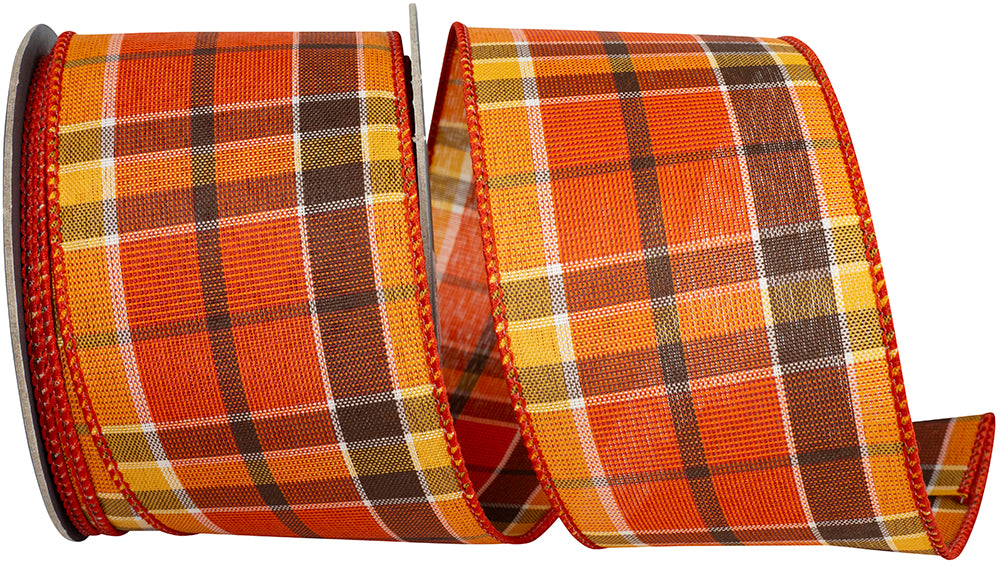 Orange Plaid Sunset Linen Wired Edge Ribbon 2-1/2 Inch