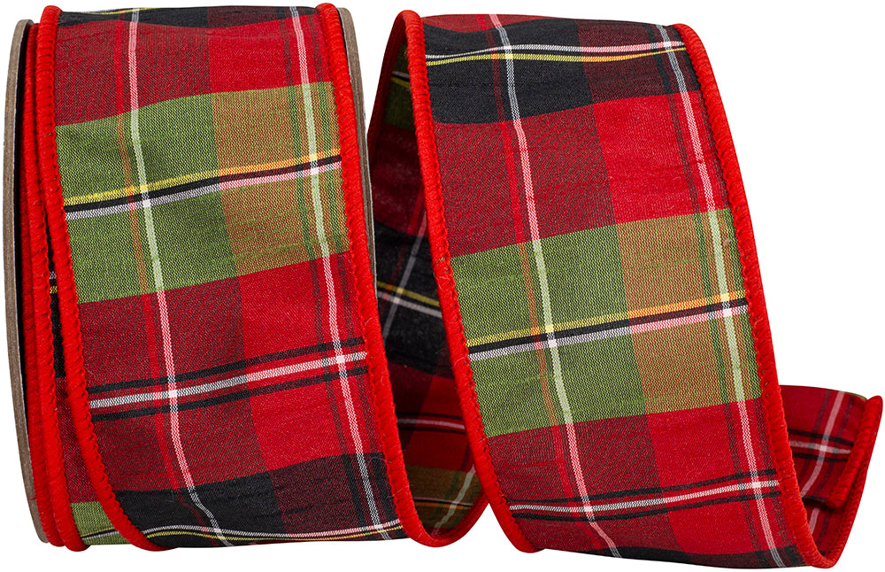 Bold Plaid Red Dupioni Wired Edge Ribbon 2-1/2 Inch