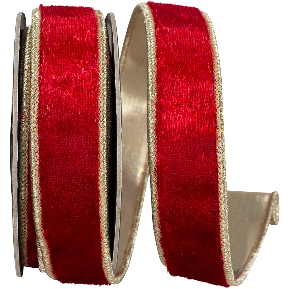 Tinsel Velvet Glimmer Ribbon Scarlet Gold 1 Inch for Bows