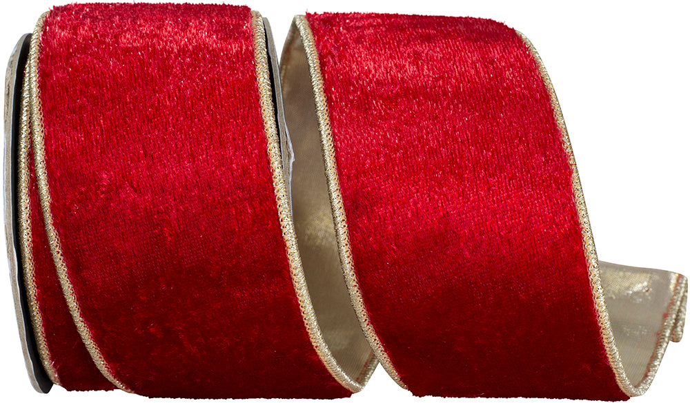Scarlet Gold Tinsel Velvet Wired Edge Ribbon 2-1/2 Inch
