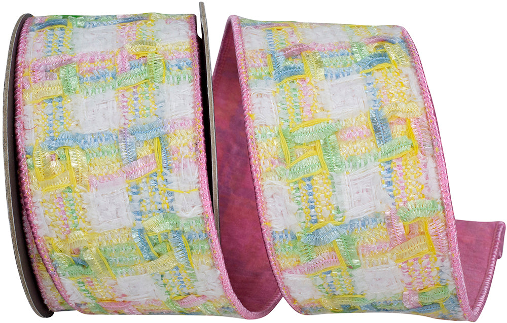 Chenille Checked Textured Pink Wired Edge Ribbon 2-1/2 Inch