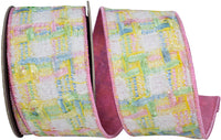 Chenille Checked Textured Pink Wired Edge Ribbon 2-1/2 Inch
