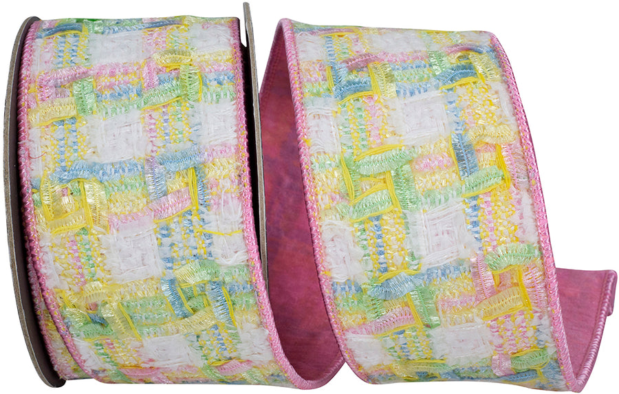 Chenille Checked Textured Pink Wired Edge Ribbon 2-1/2 Inch