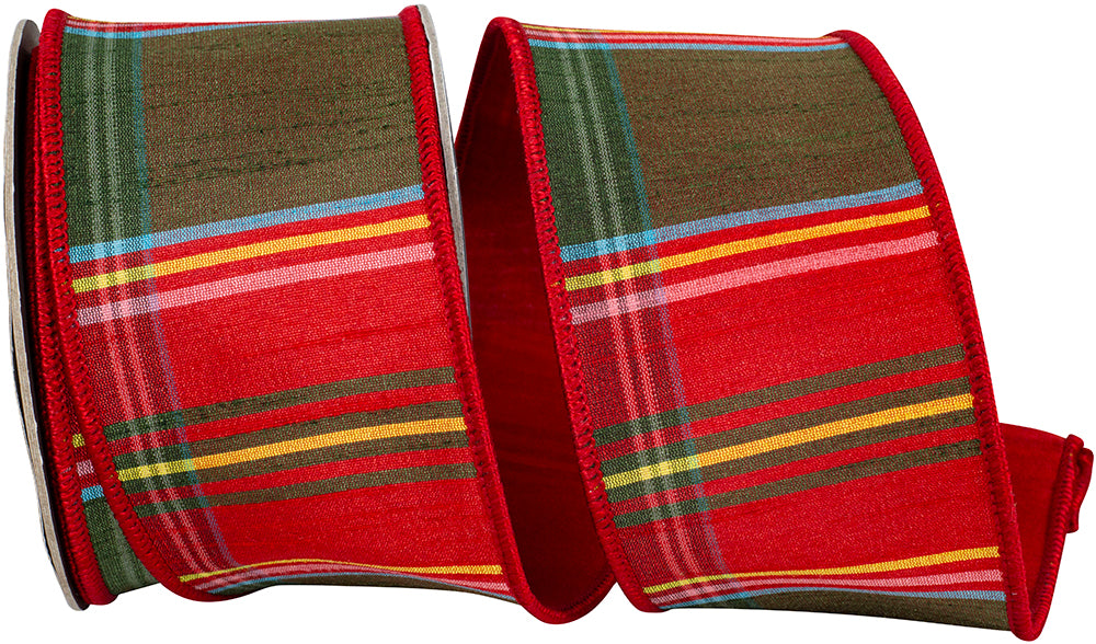 Grand Plaid Dupioni Wired Edge Ribbon Red Green 2-1/2 Inch