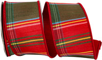 Grand Plaid Dupioni Wired Edge Ribbon Red Green 2-1/2 Inch