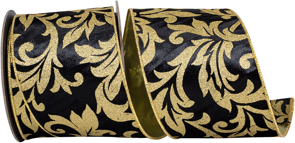 4 Inch Black Gold Sparkle Velvet Touch Wired Edge Ribbon