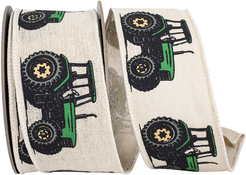 Green 2-1 2 Inch Tractor Linen Classic Farm Wired Edge Ribbon for Wreaths & Bows