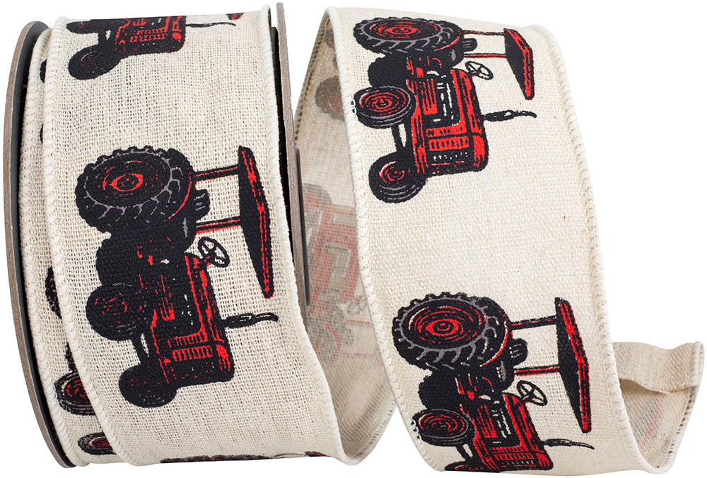 Red 2-1 2 Inch Tractor Linen Classic Farm Wired Edge Ribbon for Wreaths & Bows