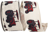 Red 2-1 2 Inch Tractor Linen Classic Farm Wired Edge Ribbon for Wreaths & Bows