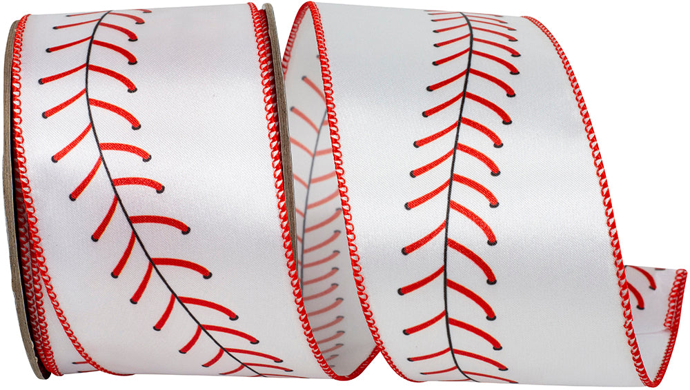 White Red 2-1 2 Inch Baseball Stitch Pattern Wired Edge Ribbon for Wreaths & Bows
