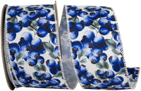White 2-1 2 Inch Blueberries With Green Leafs Twill Wired Edge Ribbon for Wreaths & Bows