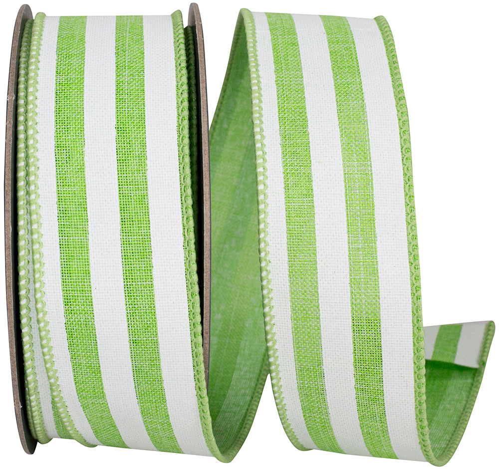 Lime 1-1 2 Inch Continuous Horizontal Stripe Linen Wired Edge Ribbon for Wreaths & Bows