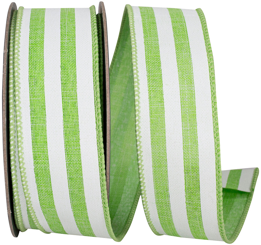 Lime 1-1 2 Inch Continuous Horizontal Stripe Linen Wired Edge Ribbon for Wreaths & Bows