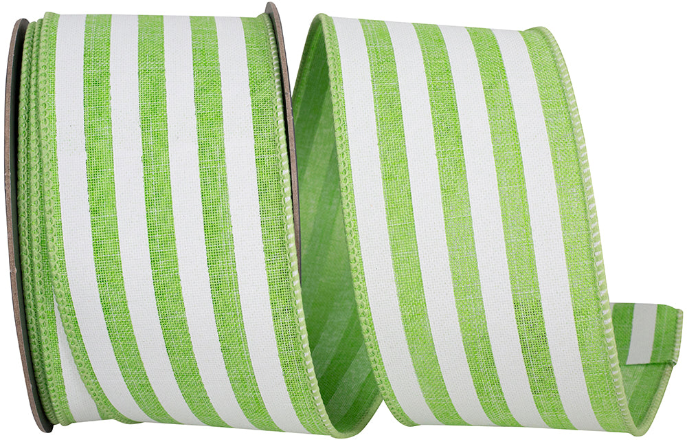 Lime 2-1 2 Inch Continuous Horizontal Stripe Linen Wired Edge Ribbon for Wreaths & Bows
