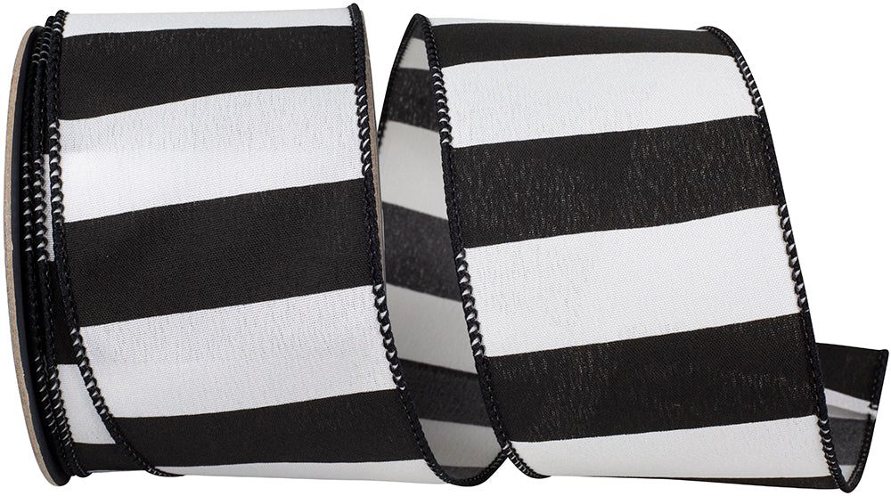 Black White 2-1 2 Inch Black And White Railroad Stripe Wide Wired Edge Ribbon for Wreaths & Bows