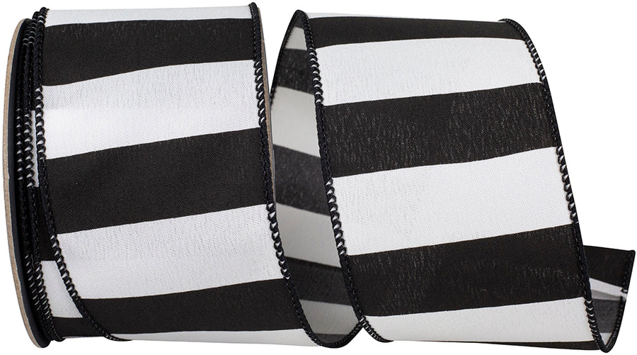 Black White 2-1 2 Inch Black And White Railroad Stripe Wide Wired Edge Ribbon for Wreaths & Bows