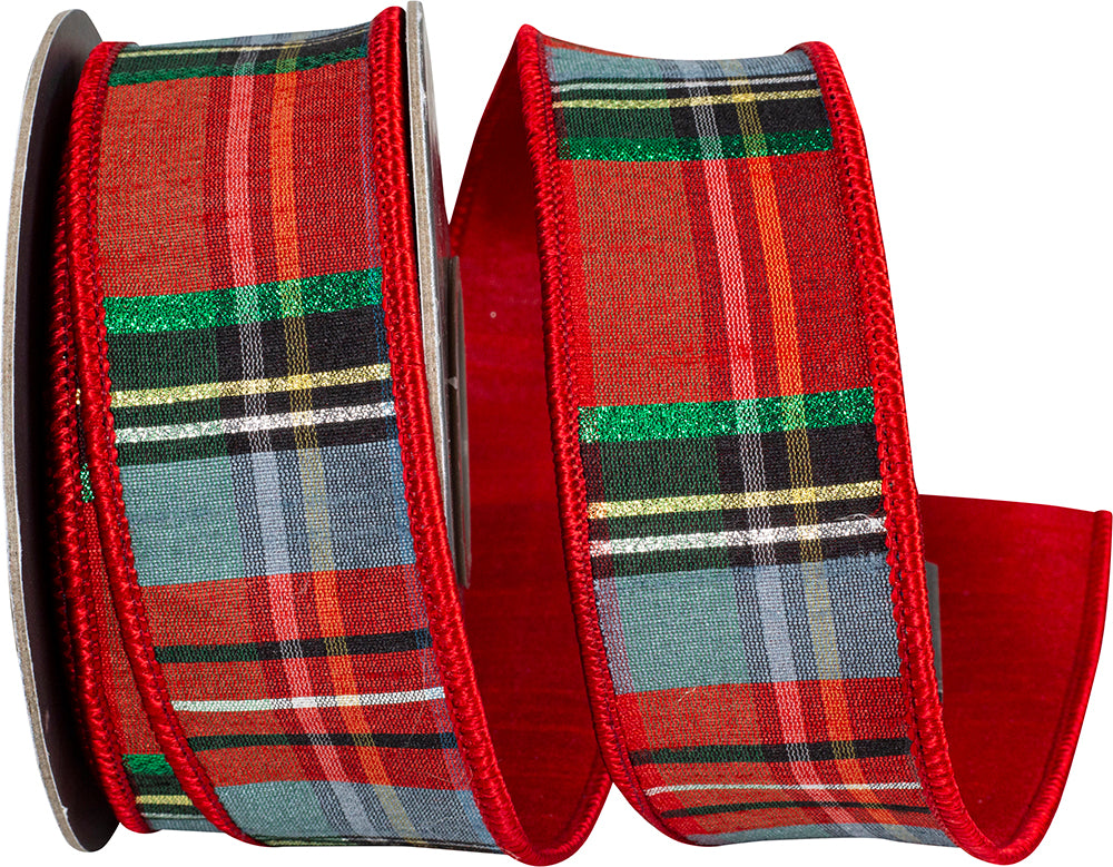 Classic Plaid Wired Edge Ribbon Red Blue 1-1/2 Inch