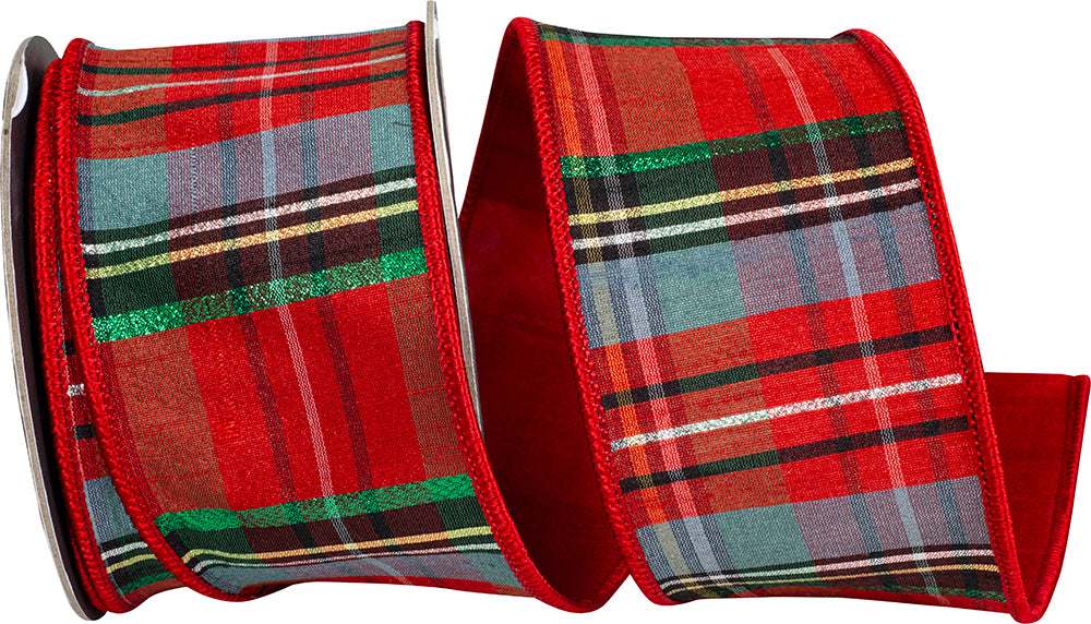 Classic Plaid Wired Edge Ribbon Red Blue 2-1/2 Inch
