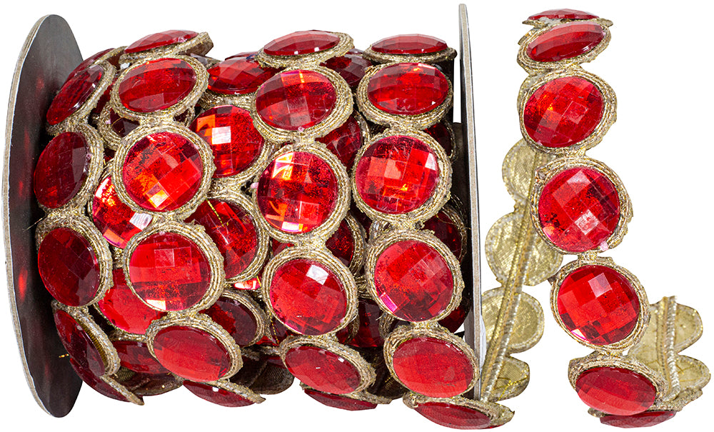 Red 1 Inch Gemstone Circles Wired Ribbon for Wreaths & Bows