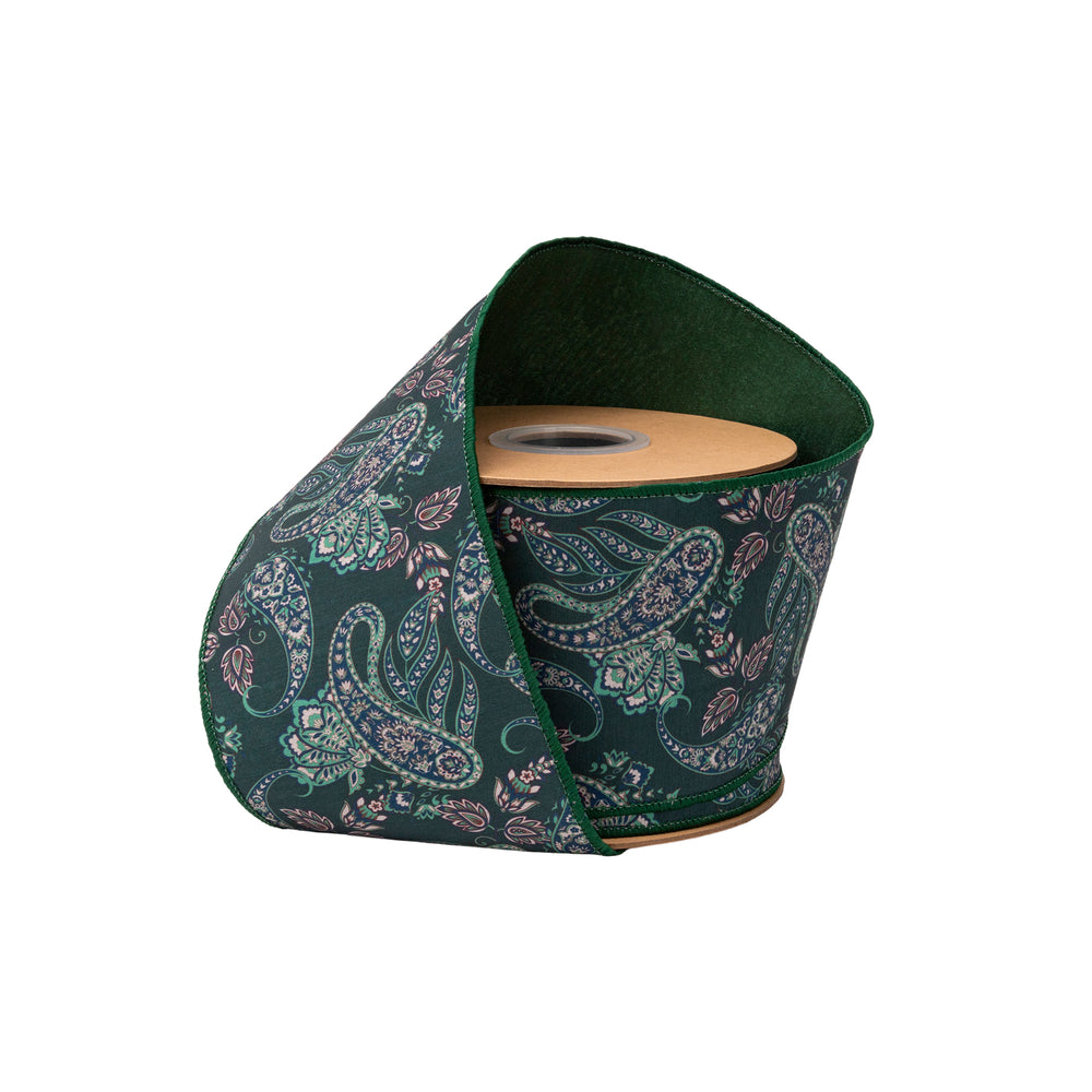 4" Wired Dupioni Ribbon | Paisley Earthtones W/ Green Backing | 10 Yard Roll
