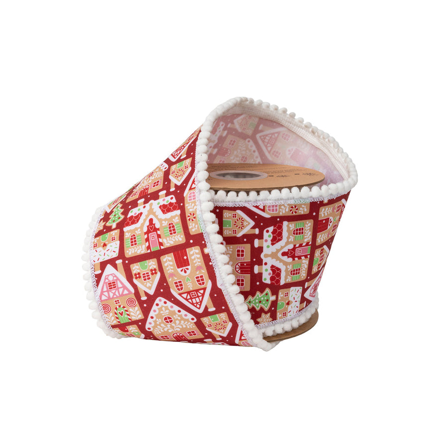 4" Wired Dupioni Ribbon | Gingerbread Houses On Red W/ White Backing | 10 Yard Roll