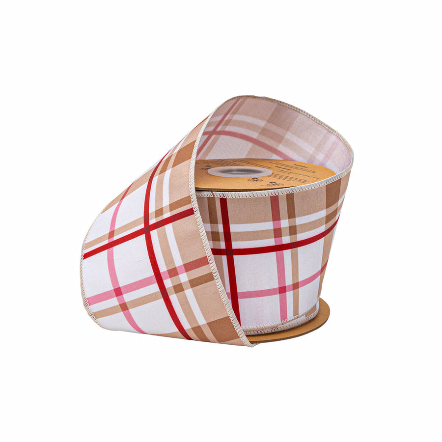 4" Wired Dupioni Ribbon | Gingerbread Plaid W/ White Backing | 10 Yard Roll
