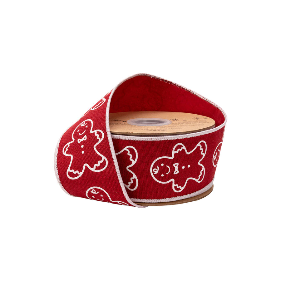 2 1/2" Wired Cotton Linen Fabric Ribbon | Printed Gingerbread On Red | 10 Yard Roll