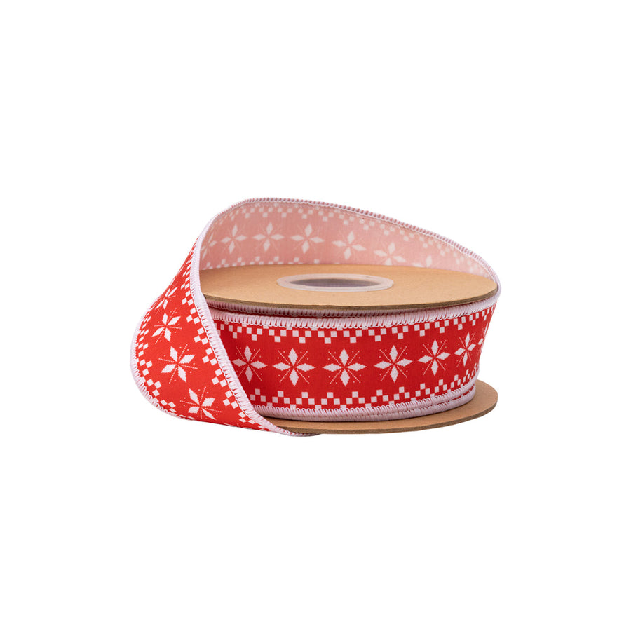 1 1/2" Wired Dupioni Ribbon | White Sweater Print on Red w/ White Backing | 10 Yard Roll