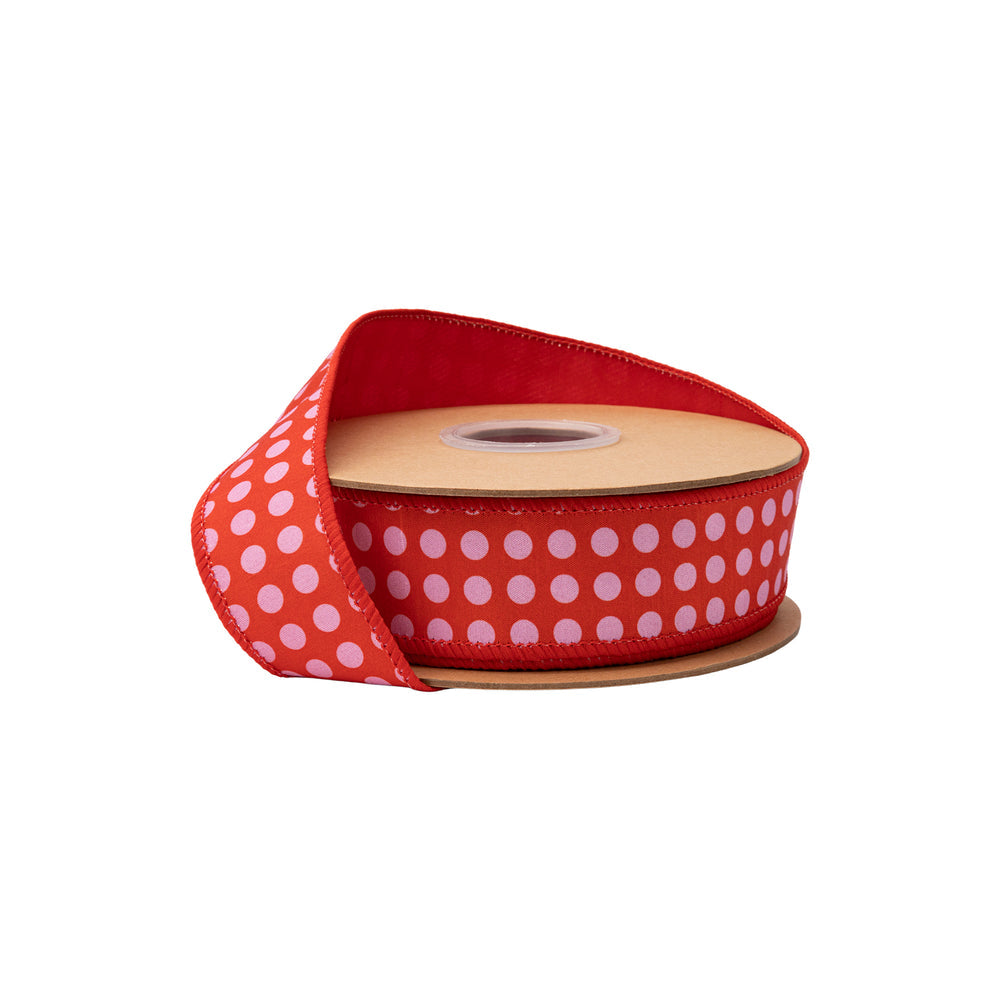 1 1/2" Wired Dupioni Ribbon | Red And Pink Polka Dots W/ Red Backing | 10 Yard Roll