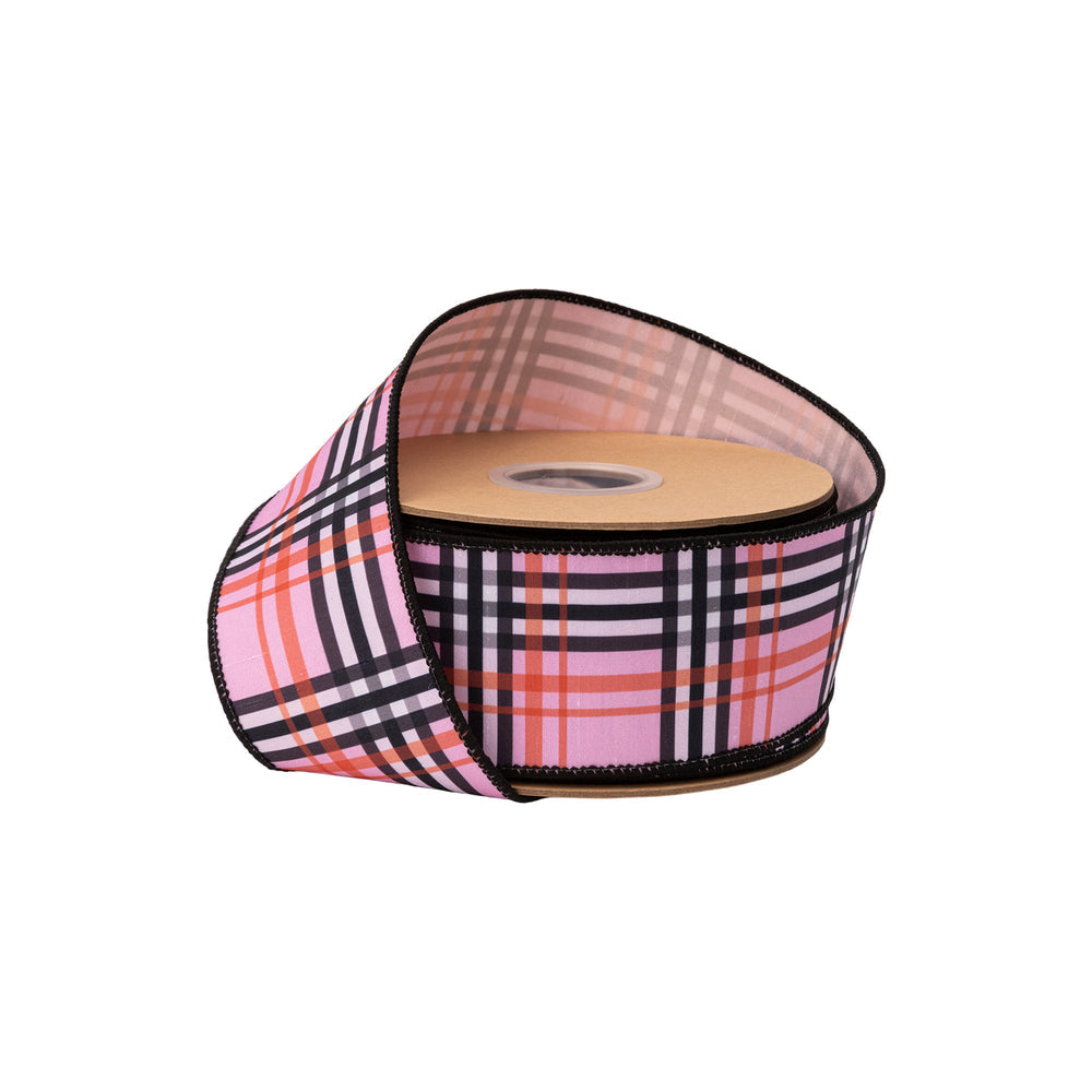 2 1/2" Wired Dupioni Ribbon | Fashion Plaid On Pink W/ Pink Backing | 10 Yard Roll