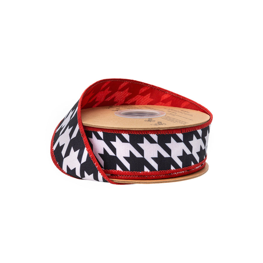 1 1/2" Wired Dupioni Ribbon | Black And White Houndstooth W/ Red Backing | 10 Yard Roll