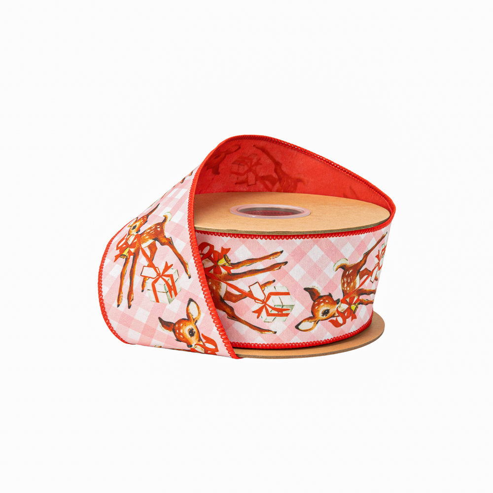 2 1/2" Wired Dupioni Ribbon | Retro Deer On Pink Check W/ Red Backing | 10 Yard Roll