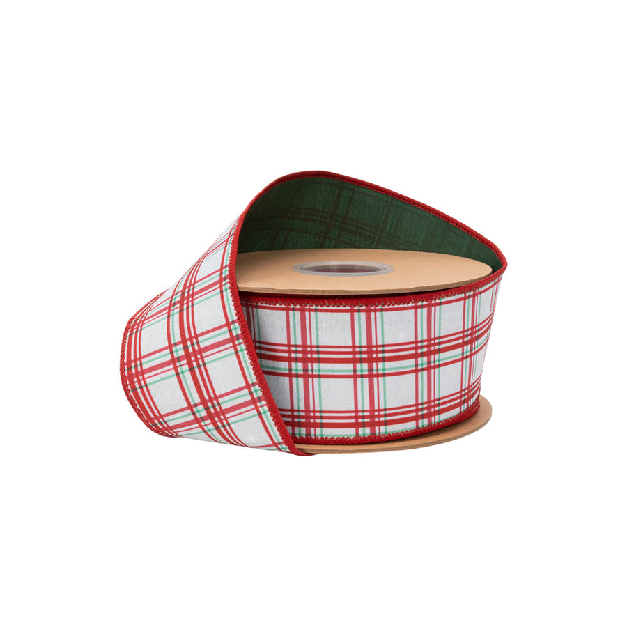 2 1/2" Wired Dupioni Ribbon | Red And Green Retro Plaid W/ Green Backing | 10 Yard Roll