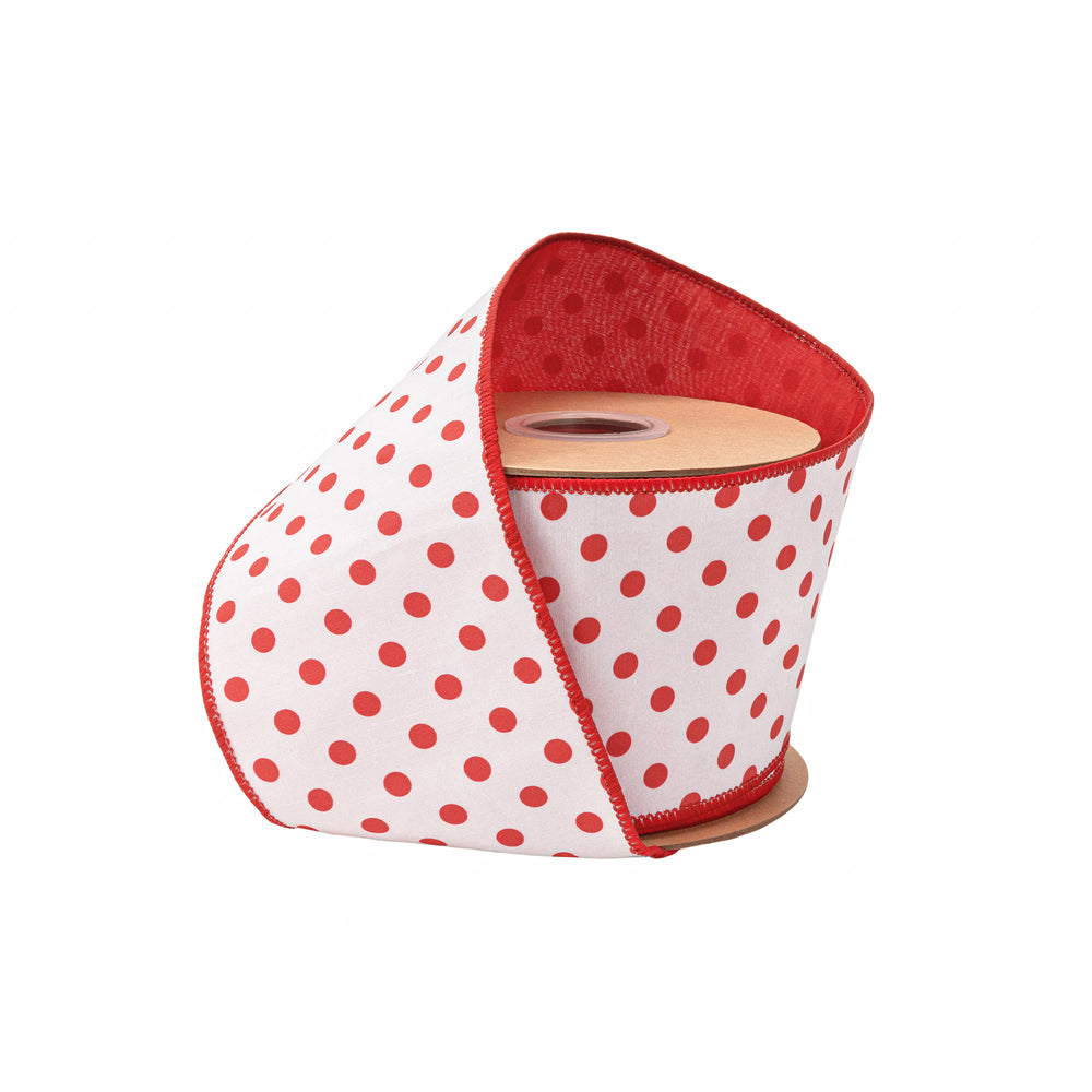 4" Wired Dupioni Ribbon | Red Polka Dots On White W/ Red Backing | 10 Yard Roll