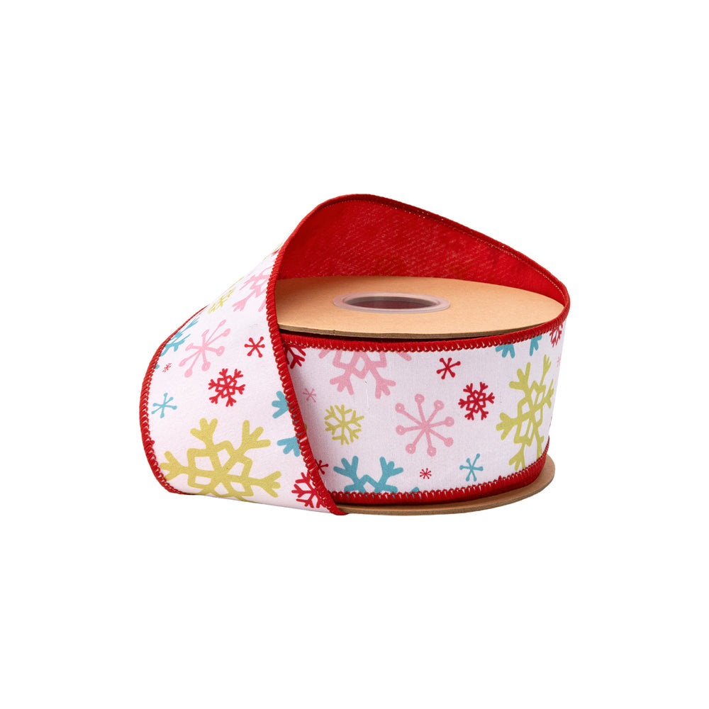 2 1/2" Wired Dupioni Ribbon | Multi Colored Snowflakes On White W/ Red Backing | 10 Yard Roll - (2) Rolls