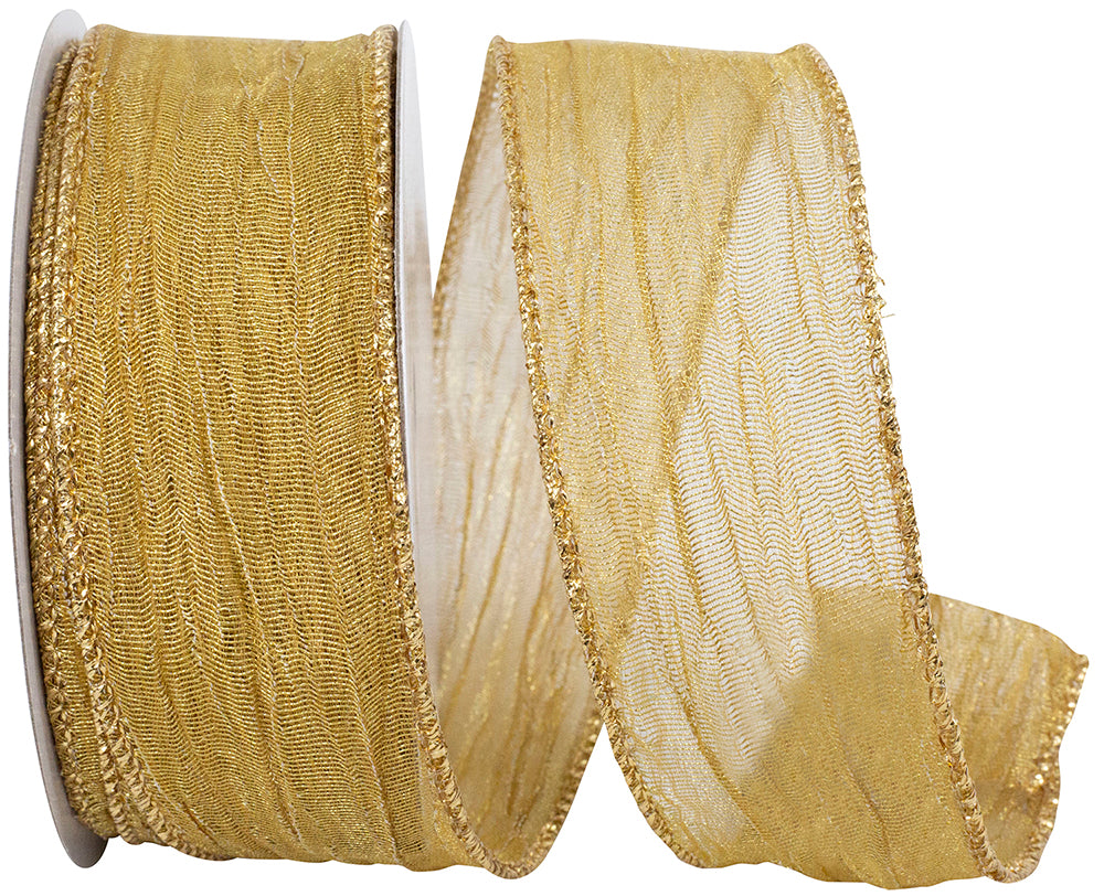 Gold Crushed Mesh Wired Edge Ribbon 1-1/2 Inch for Bows